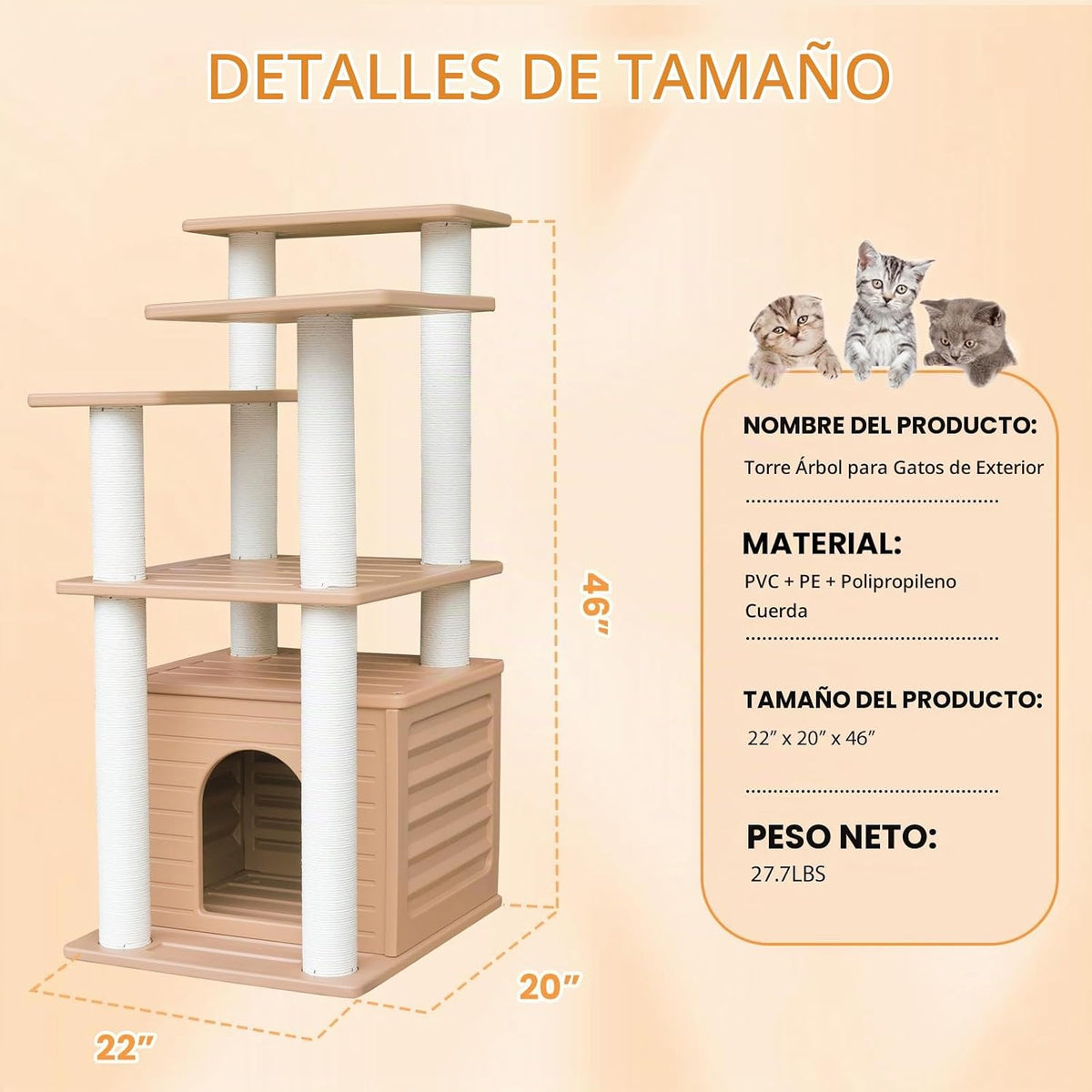 Torre para gatos de 46 pulgadas para interiores y exteriores, condominio