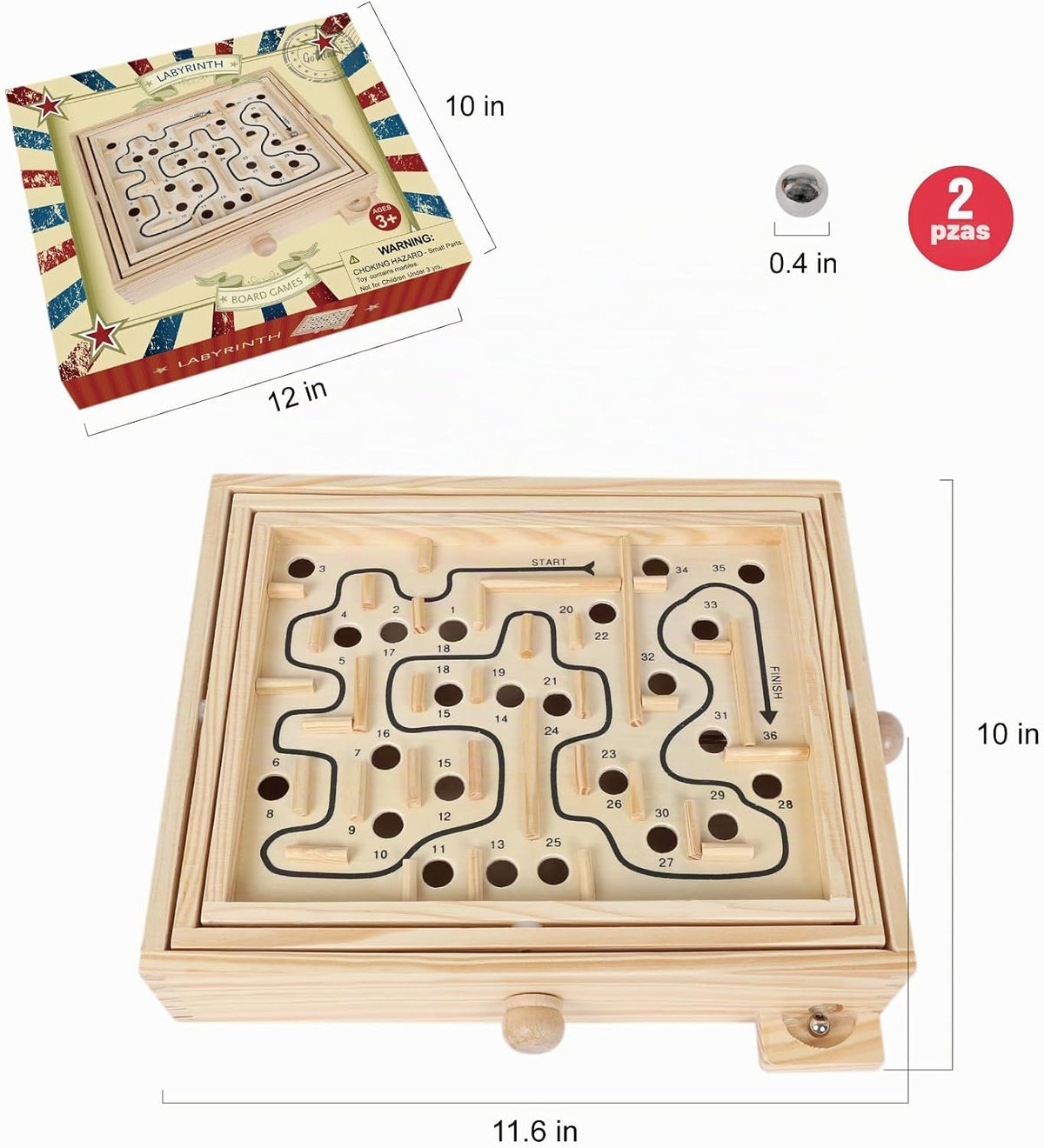 Juego de laberinto de madera, juego de mesa de laberinto de inclinación de bola de mármol, juego de equilibrio de mesa y juguete para niños y adultos