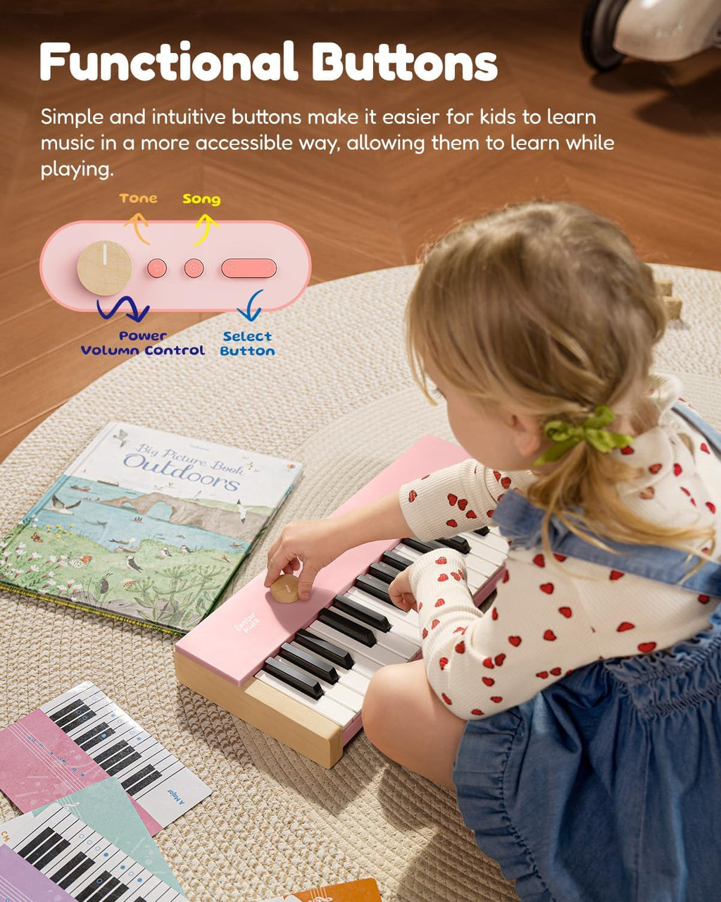 Teclado de piano para niños, piano digital de 32 teclas para niños, instrumento educativo musical para principiantes, mini teclado de madera para niños, rosa claro