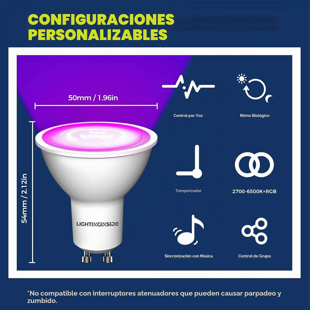 Bombillas inteligentes GU10 50W, ángulo de haz de 38° RGBCW