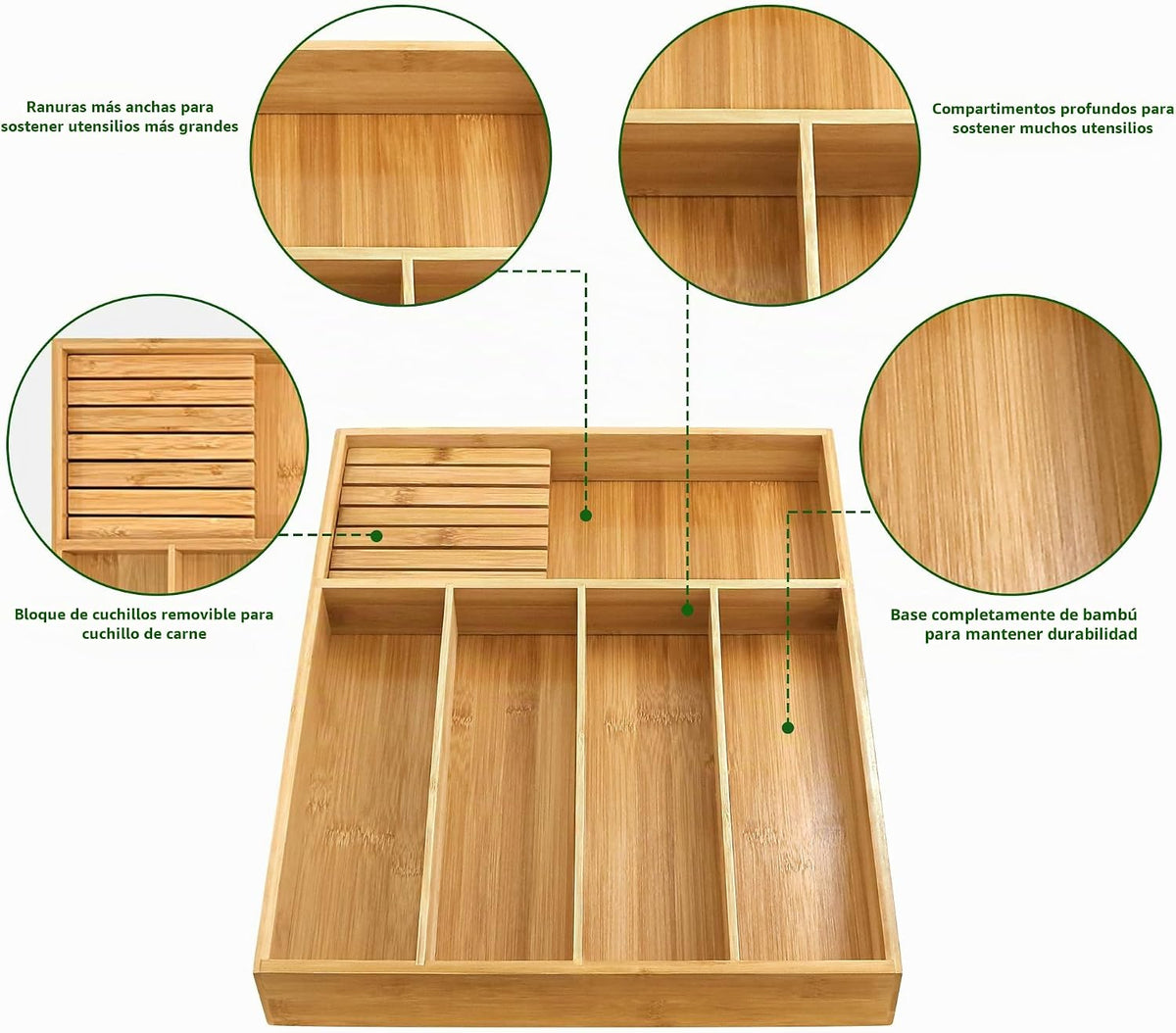 VaeFae Organizador de cajones de cubiertos de bambú, 5 ranuras, natural