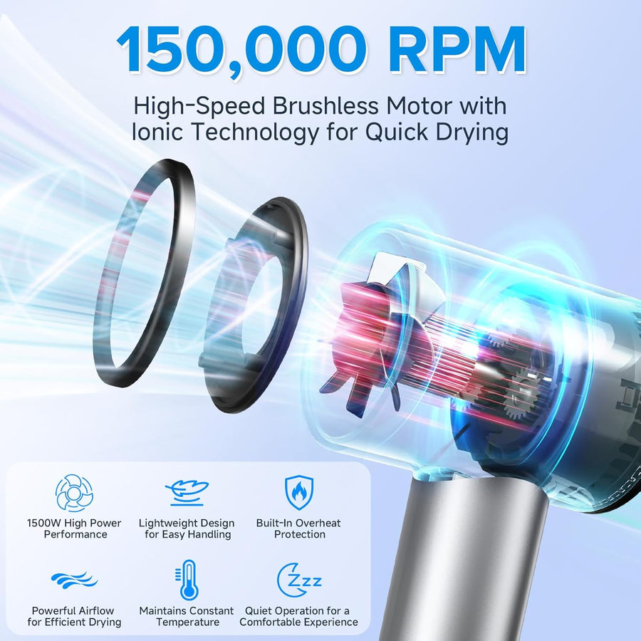 Secador de pelo, motor sin escobillas de 150,000 RPM, secado ultrar...