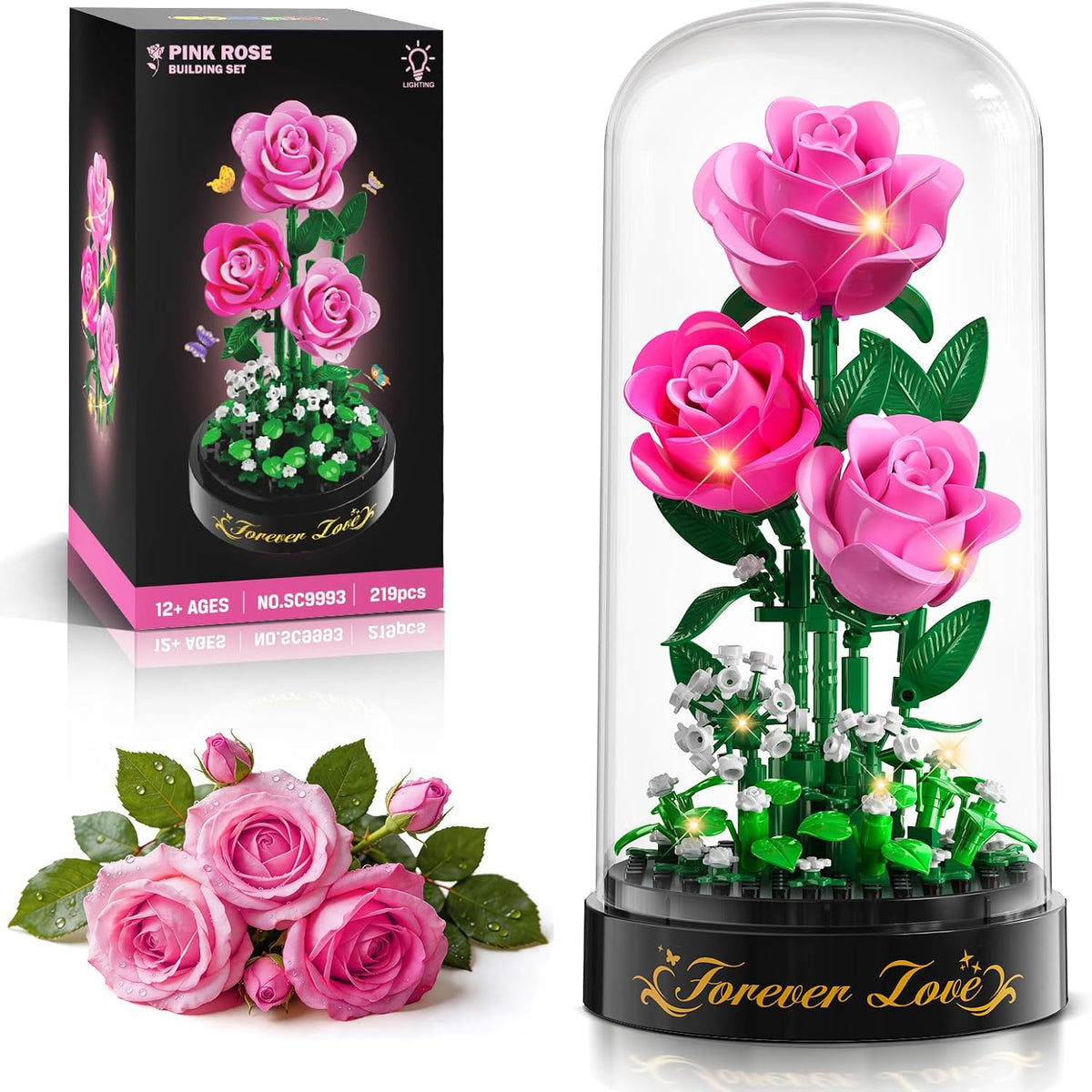 HiWEEGO Conjunto de construcción de ramo de flores de rosa rosa de 0.1 in