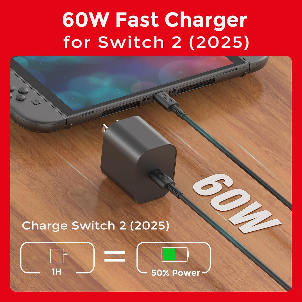 Pack de 2 cargadores de 10 ft para Nintendo Switch 2-20V 3A 60W adaptador AC