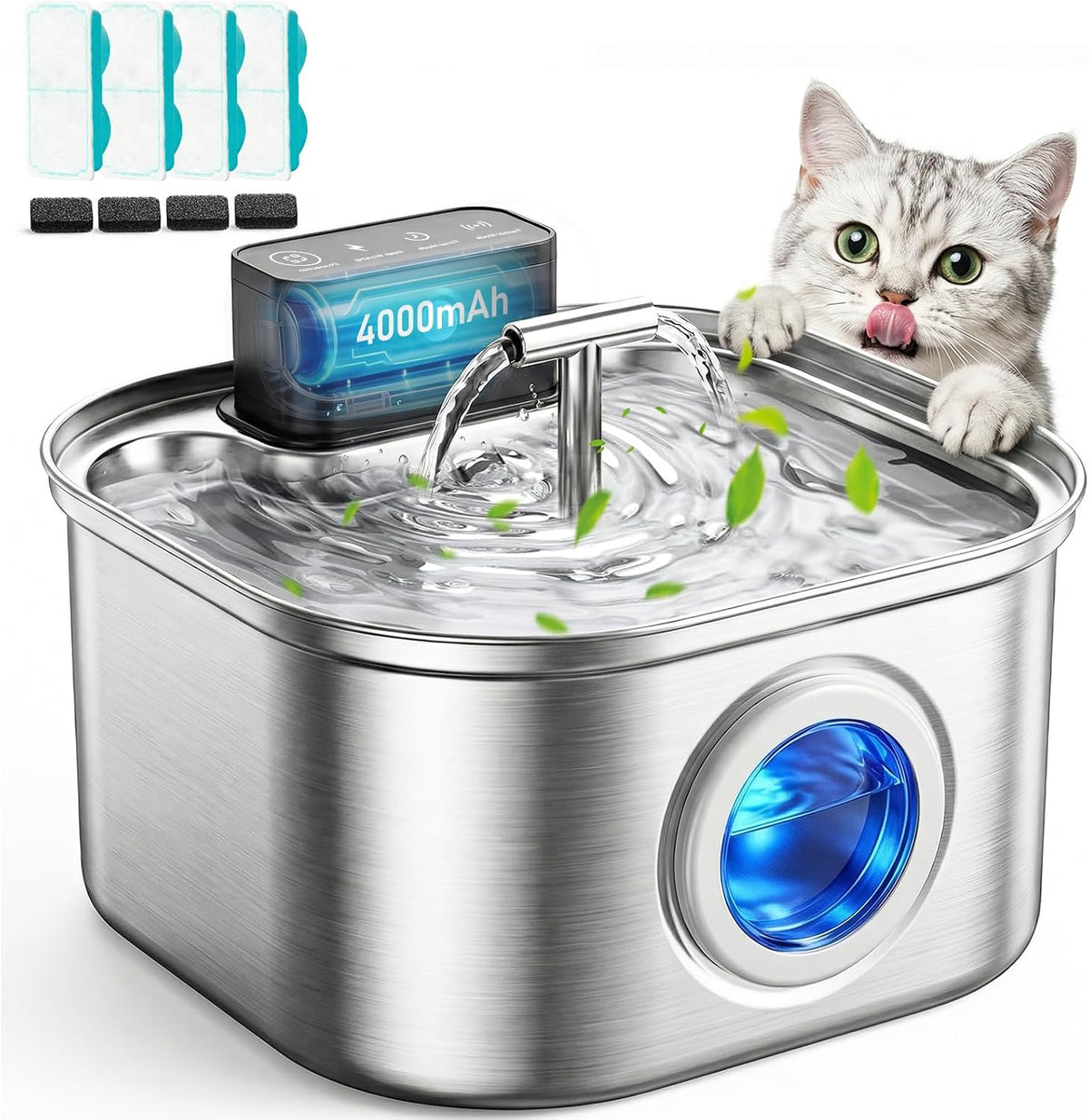 Fuente de agua inalámbrica para gatos de acero inoxidable, 3.2L/108oz