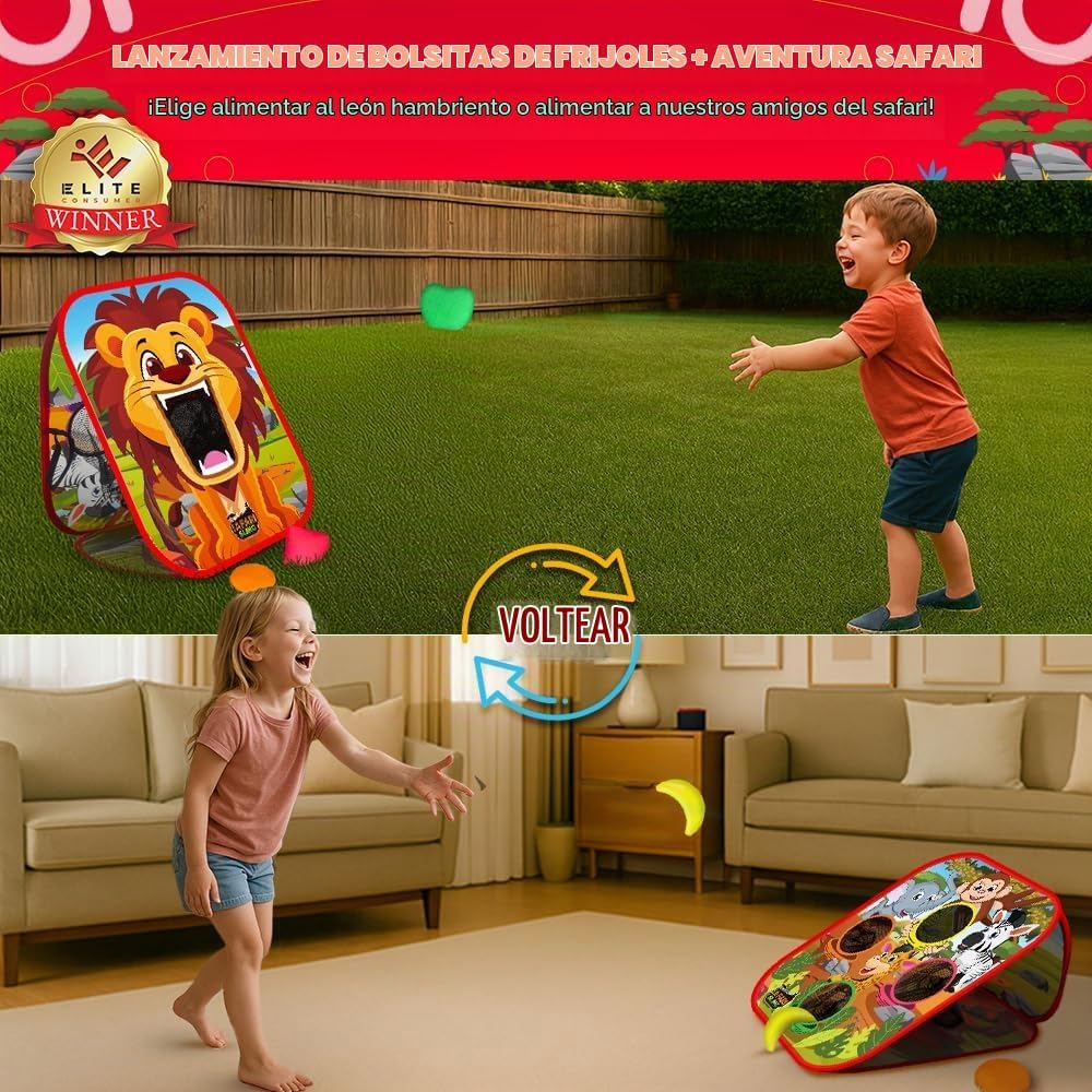 Swooc Games® - Safari Sling | Juego de lanzamiento de bolsas de frijoles 2 en 1 para niños | Juego de Cornhole para niños de configuración de 5 segundos | Juegos de fiesta en el patio trasero | Juego