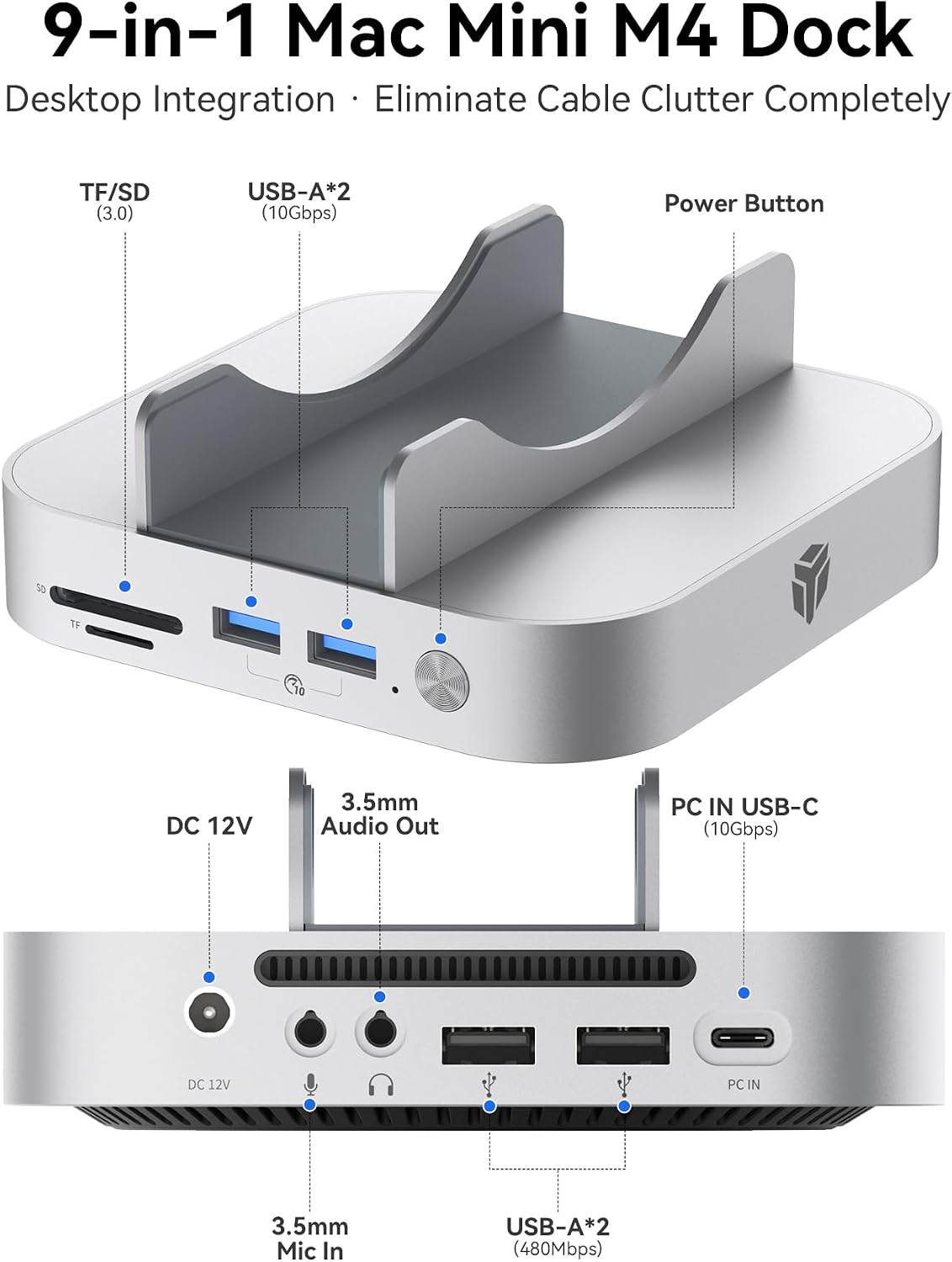 Yottamaster 9 en 1 Mac mini M6/M4 Pro Dock con ventilador de refrigeración