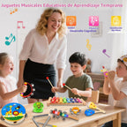 Juego de instrumentos musicales para niños, 20 piezas de instrumentos de percusión de madera para bebés y niños con maracas de xilófono pandereta, juguetes musicales preescolares para niños y niñas