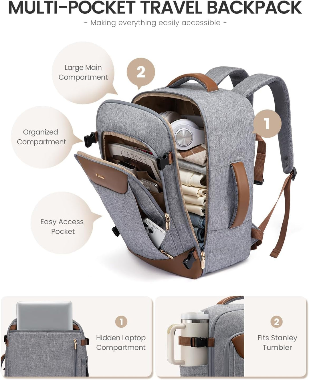LOVEVOOK Mochila de viaje de 40 L para mujeres y hombres, mochila g...