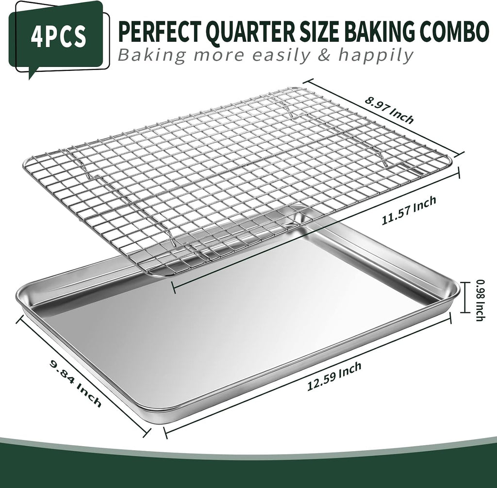 Bandeja de un cuarto de hoja con rejilla de enfriamiento CEKEE [2 bandejas para hornear + 2 rejillas para hornear], bandejas de acero inoxidable CEKEE para galletas y rejilla de alambre - resistentes