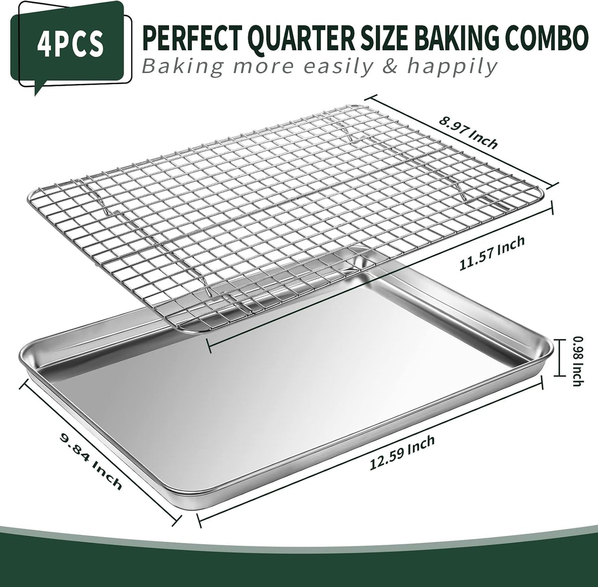 Bandeja de un cuarto de hoja con rejilla de enfriamiento CEKEE [2 bandejas para hornear + 2 rejillas para hornear], bandejas de acero inoxidable CEKEE para galletas y rejilla de alambre - resistentes