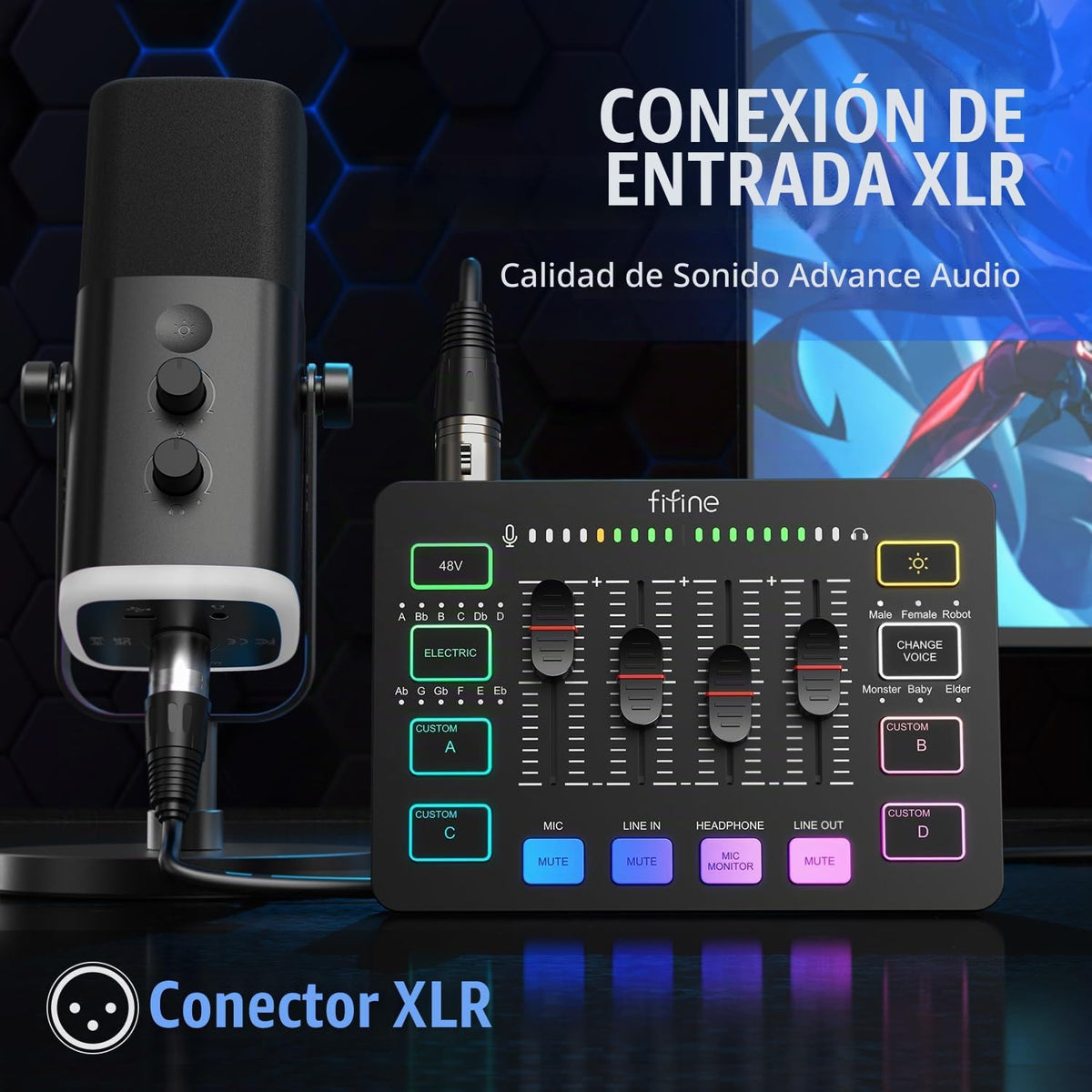 FIFINE Paquete de Mezclador de Audio para Juegos con Micrófono para Transmisión por Computadora, Set de Mezclador RGB de 4 Canales con Interfaz XLR, Alimentación Fantasma de 48V, Micrófono Dinámico