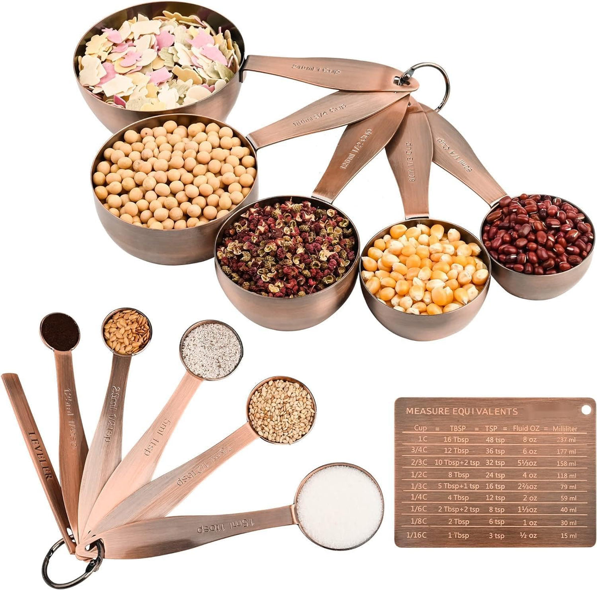 Juego de Tazas y Cucharas Medidoras Smithcraft, 12 Piezas de Acero Inoxidable Juego de Tazas Medidoras, Tazas Medidoras de Metal de Cobre Cucharas, Tazas Medidoras para Cocina Seca y Líquida Cuchara