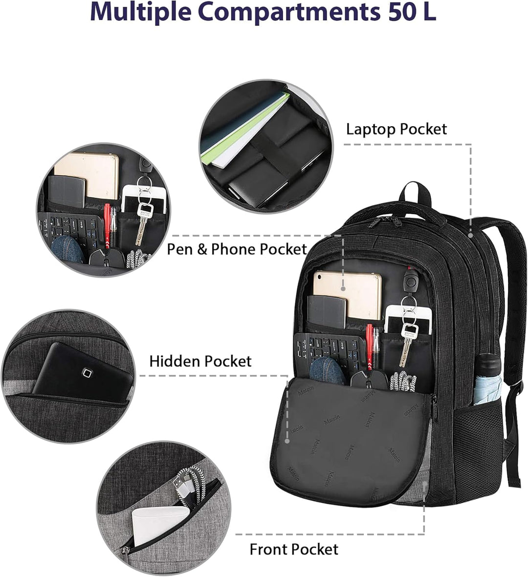 MATEIN Mochila extragrande de viaje para laptop de 50 L, resistente...