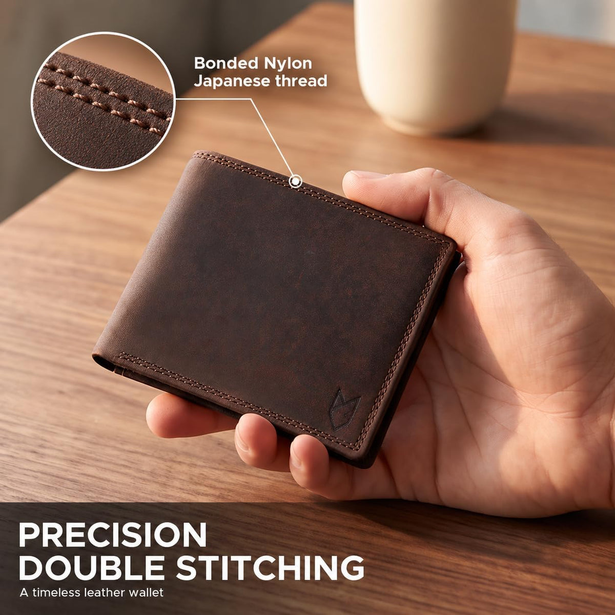 Billetera plegable de cuero de grano superior para hombres | Cartera de bloqueo RFID de doble costura con 2 ventanas para identificación y 10 ranuras para tarjetas, Marrón moca, Bifold