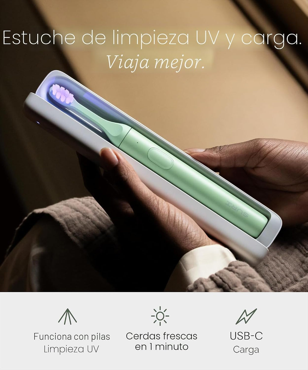 SURI Pro Sonic Cepillo de dientes eléctrico | Batería de más de 4 semanas | Estuche de viaje de limpieza UV | Sensor de presión | Cuerpo de aluminio | Temporizador de 2 minutos | Cabeza a base de