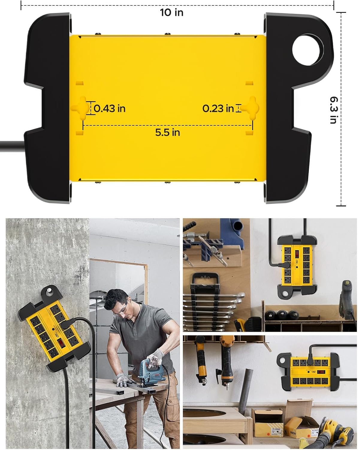 Tira de alimentación resistente con protector contra sobretensiones de 10 tomas, tira de alimentación industrial de metal con 2800 julios, interruptor de circuito de 15A, cable de extensión de 6