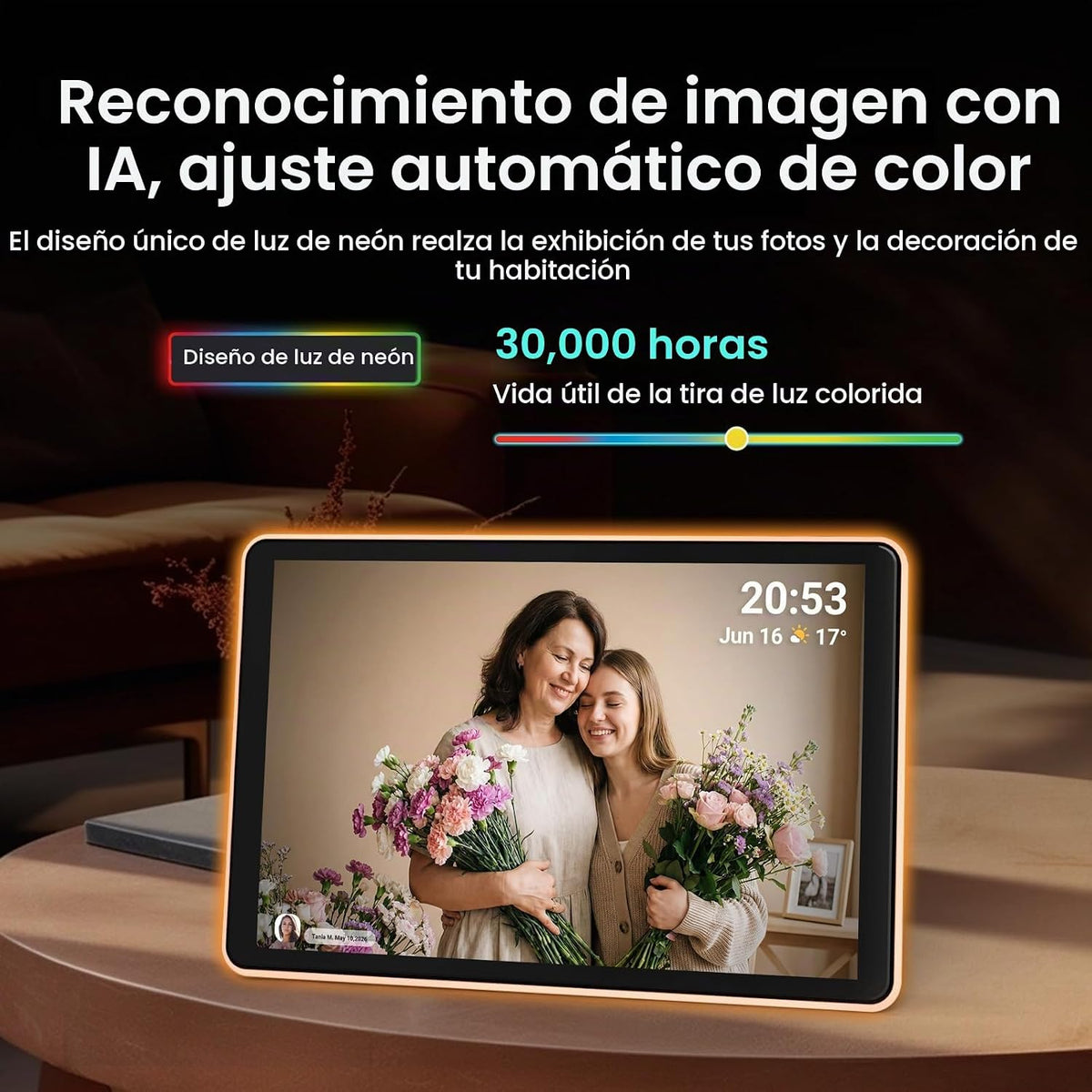 ApoloSign Marco de fotos digital con luz de neón, calendario digital de escritorio, programación de sincronización automática a través de la aplicación Frameo, pantalla táctil HD de 10.1 pulgadas | LED que cambia de color | Comparte foto/video al instante