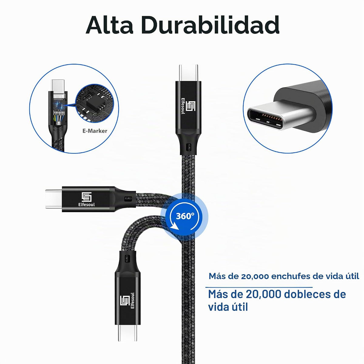 Cable USB C USB C, cable USB-C 3.2 de 16.5 pies, 100 W, 4K UHD, 20 Gbps