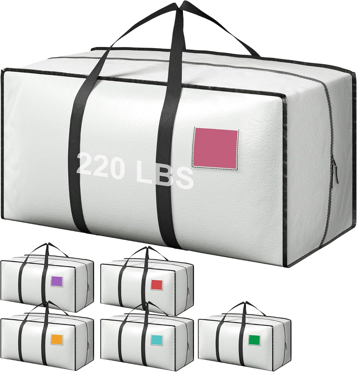 Paquete de 6 bolsas de mudanza resistentes de 210 GSM con cremallera lateral totalmente abierta, 93 L y 65 libras, impermeables, plegables para dormitorio universitario, alternativas de cajas de mudanza y organización del hogar, color blanco