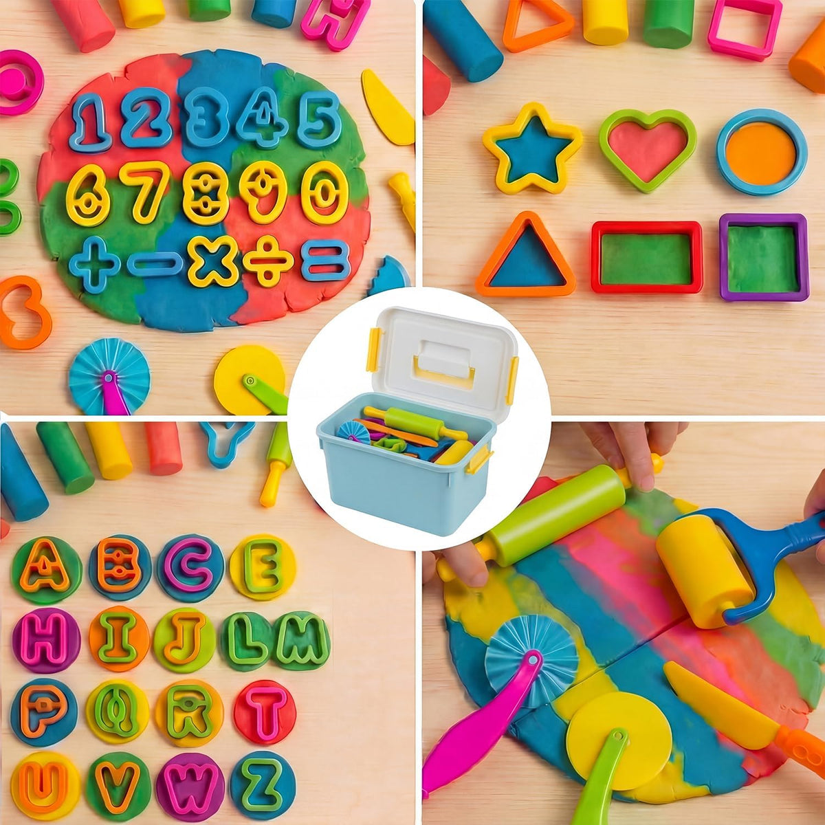 Juego de 55 herramientas para masa de alfabeto y números, kit de juego de arcilla para niños con rodillos, cortadores geométricos y moldes de letras, accesorios de modelado para aprendizaje creativo
