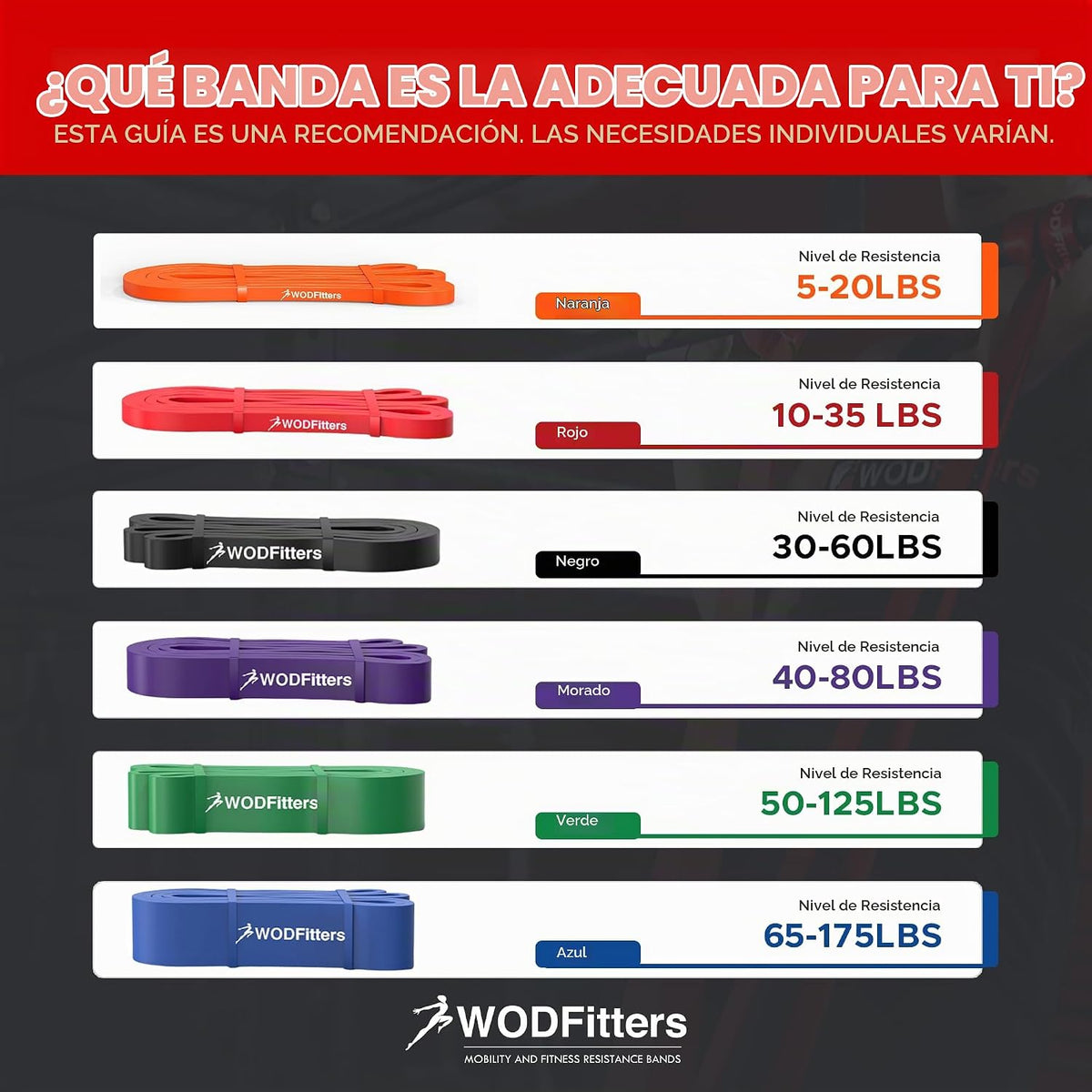 WODFitters Banda de Asistencia para Dominadas para Estiramientos, Entrenamientos de Movilidad, Calentamiento, Recuperación, Levantamiento de Potencia, Fitness en Casa y Ejercicio..