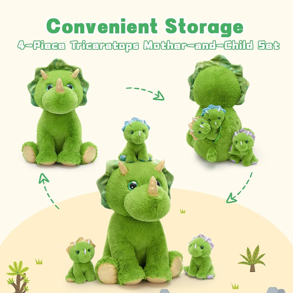 MaoGoLan Triceratops - Animal de peluche verde con 3 bebés, dinosaurio de