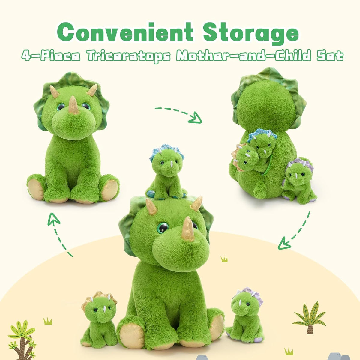 MaoGoLan Triceratops - Animal de peluche verde con 3 bebés, dinosaurio de