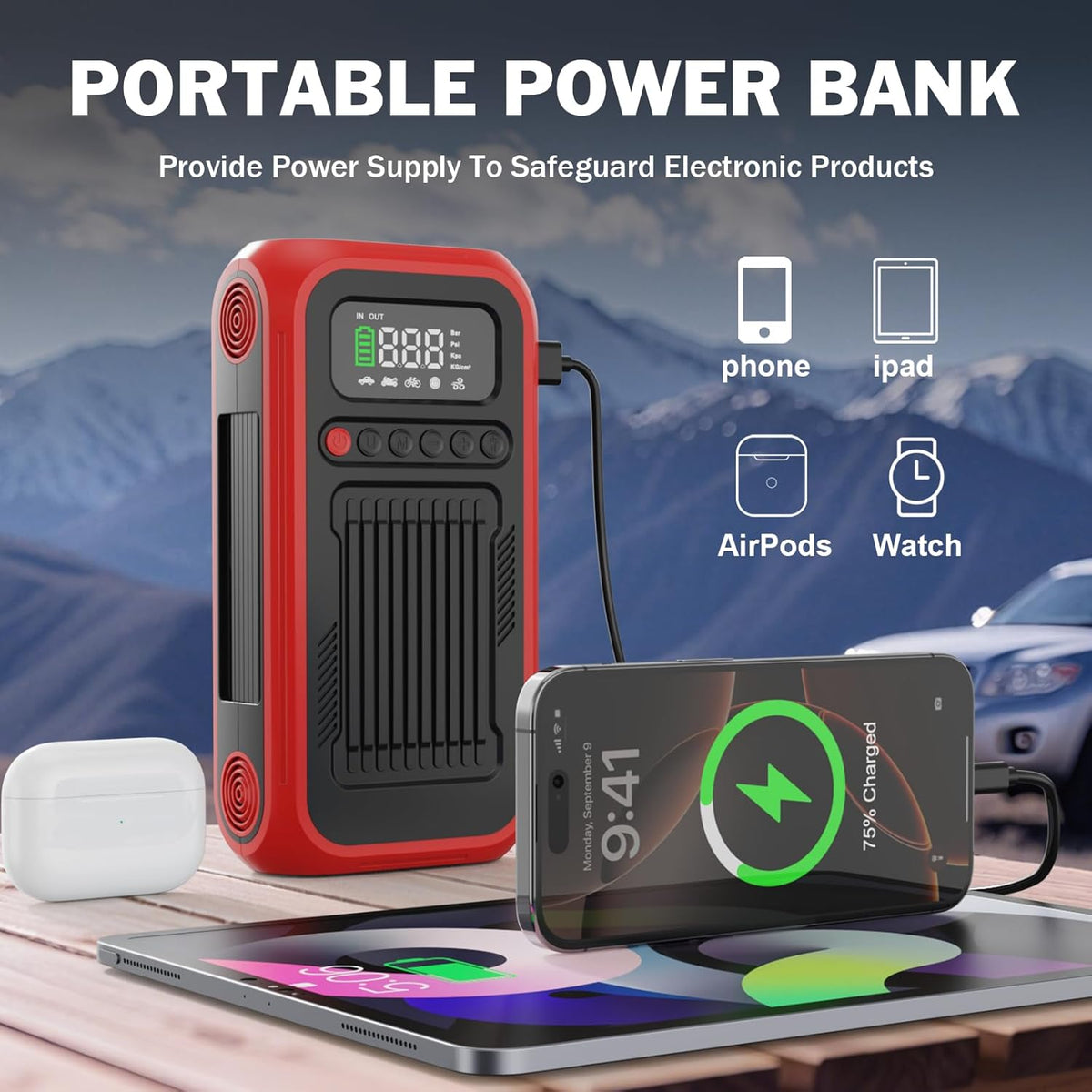 Compresor de aire portátil para inflador de neumáticos, batería de...