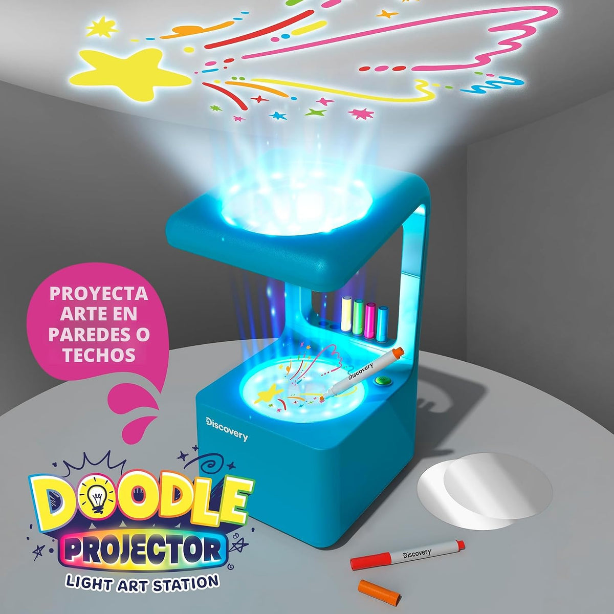 Discovery™ Doodle Projector Light Art Station – Incluye 6 marcadores de borrado en seco, 10 discos de dibujo reutilizables, proyecta dibujos en paredes y techos | Kit de arte y manualidades para niños