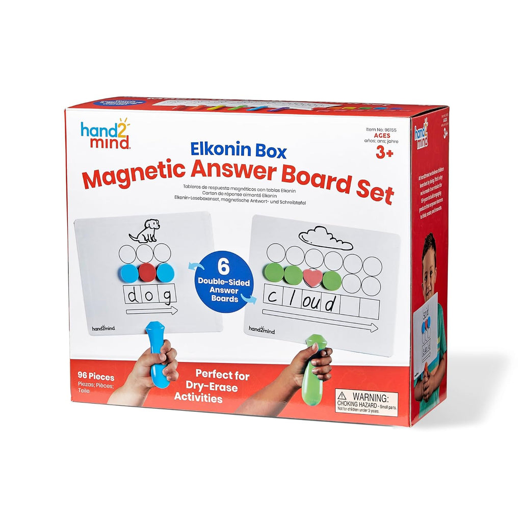 hand2mind Elkonin Box - Tablero magnético de respuesta, paletas para mapeo de palabras, tablero Elkonin de borrado en seco para mezcla, conciencia fonémica, manipuladores fonéticos, materiales de