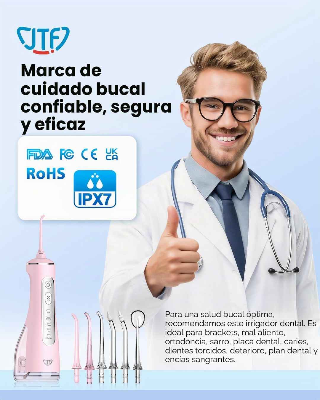JTF Irrigador bucal portátil para dientes: 3 modos y 10 niveles de...