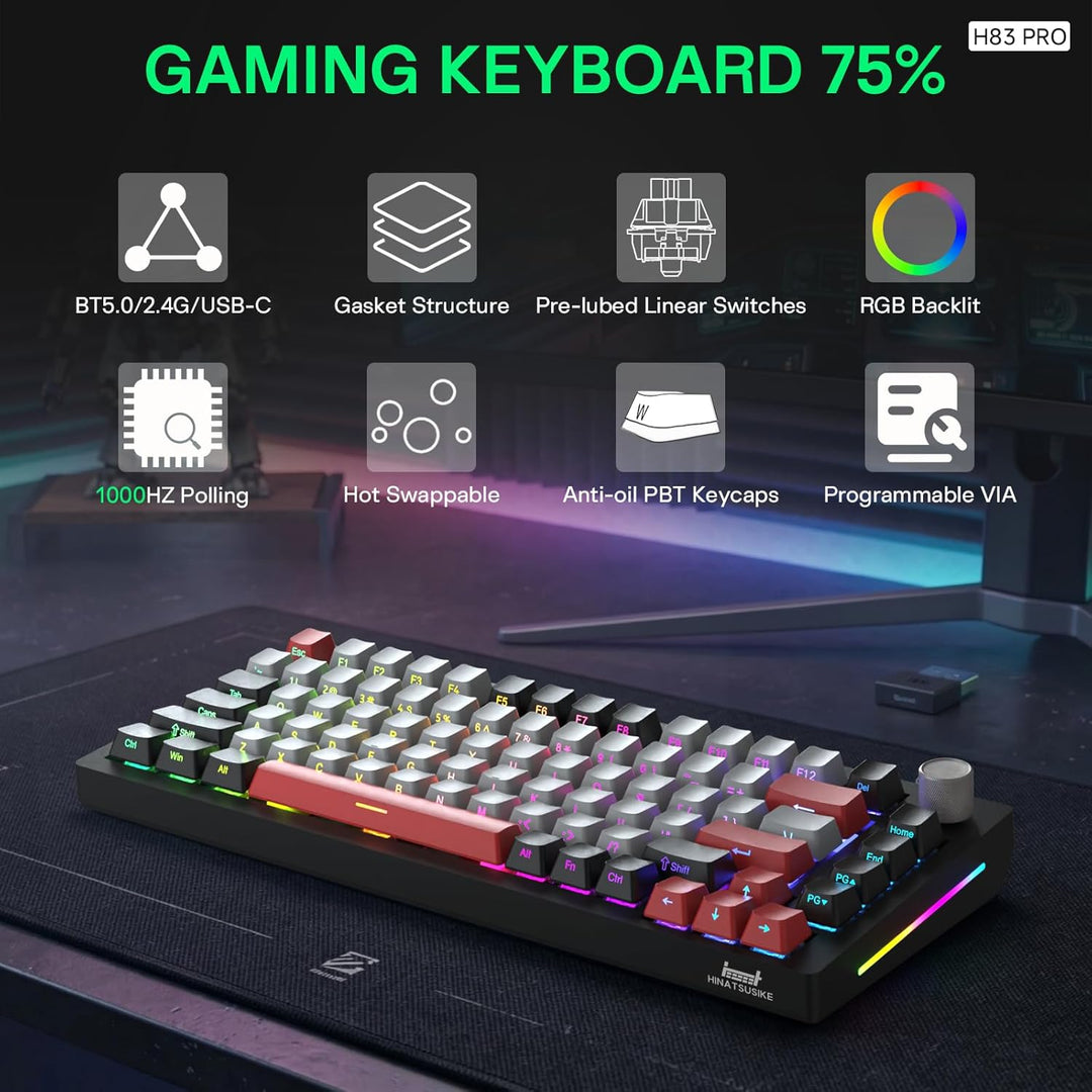 HINATSUSIKE H83 PRO Wireless Mechanical Gaming Keyboard 75% Layout,...