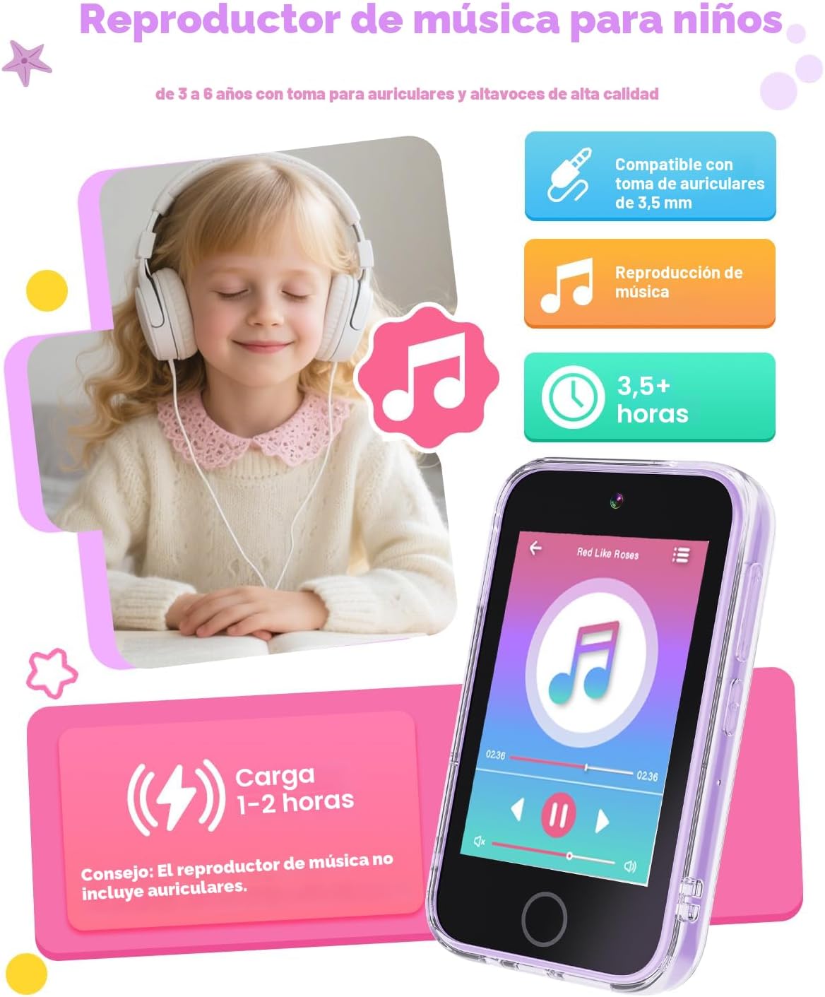 Dylanto Teléfono para niños, teléfono con pantalla táctil de 3.5 pulgadas para niños, juguetes de aprendizaje para niñas de 3 a 9 años con doble cámara, reproductores de video, juegos, regalos de cumpleaños de Navidad para niñas de 3, 4, 5, 6, 7, 8, 9, co
