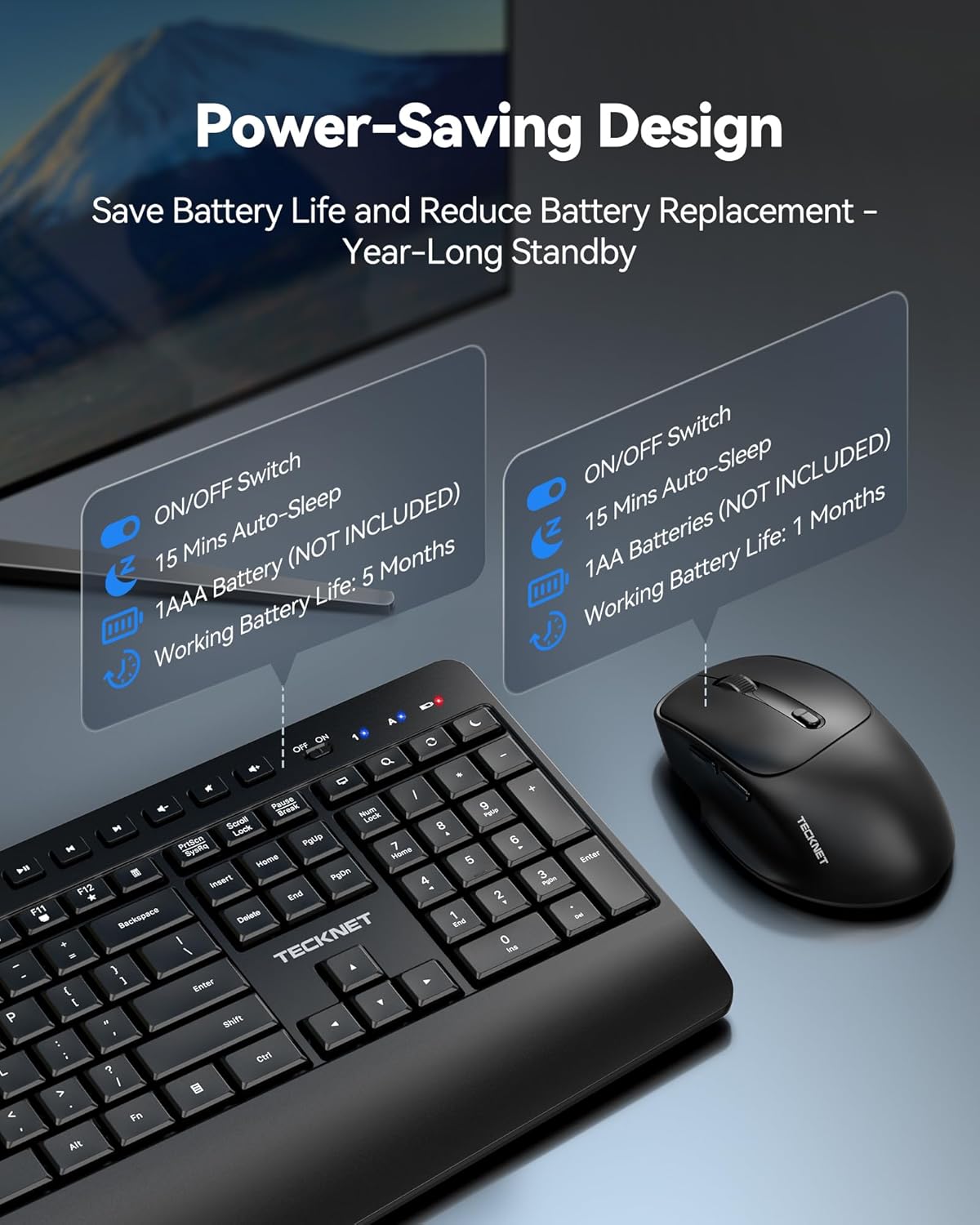 TECKNET Combo de teclado y mouse inalámbricos, teclado ergonómico d...