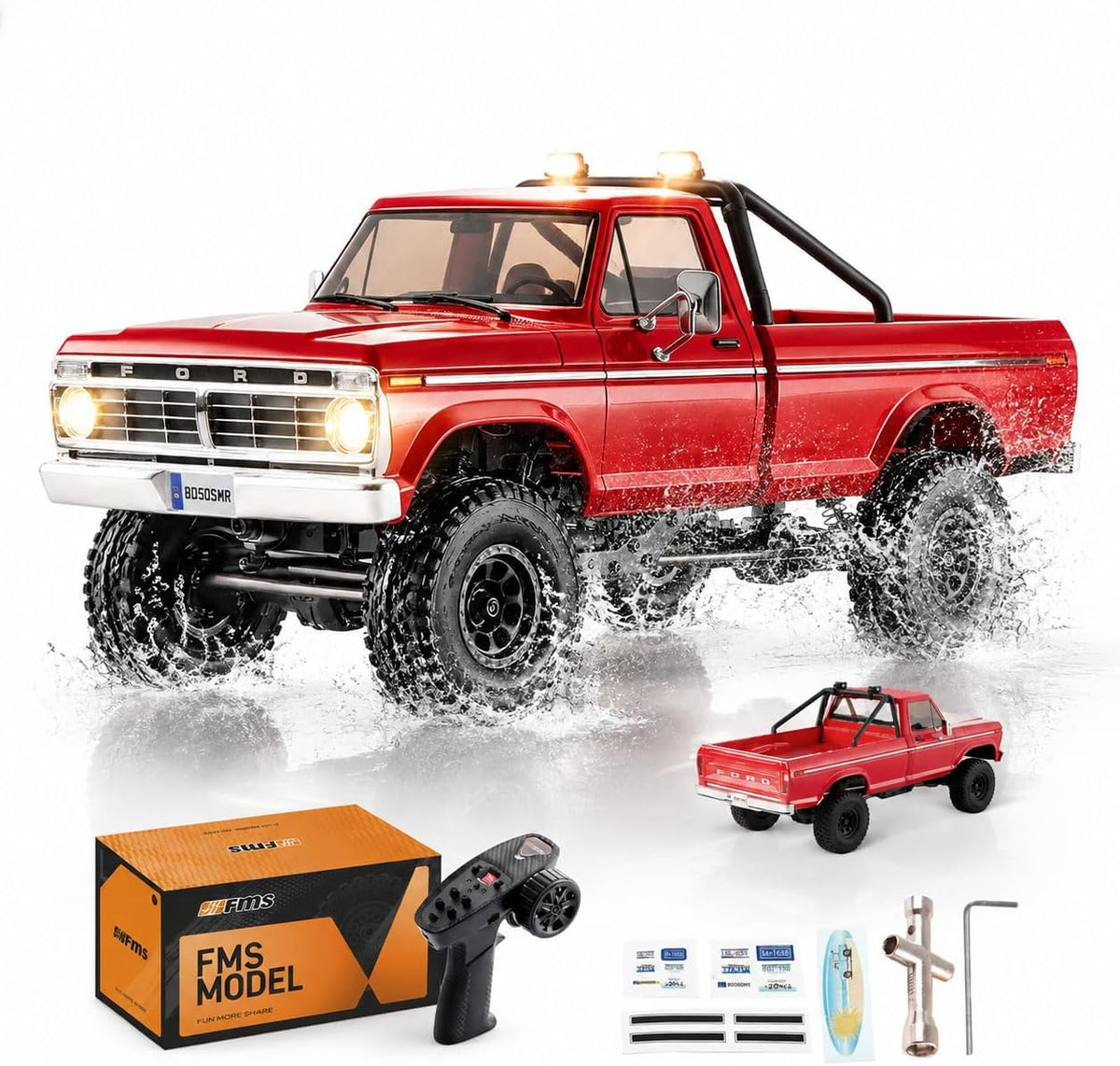 BEEZRC FMS FCX18 II Ford F-100 - Rastreador RC con licencia oficial, camión magnético de liberación rápida a control remoto, chasis LCG, oruga todoterreno para adultos, RTR cepillado (distancia entre