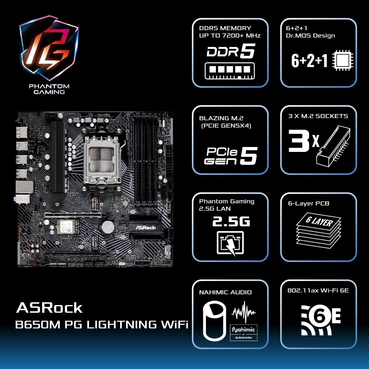 ASRock B650M PG Lightning WiFi 6E AMD Ryzen Serie 9000\/8000\/7000...