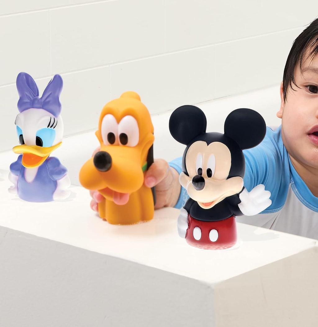 Mickey y amigos juego de 6 piezas de juguetes de baño con pulverizador. Juguetes de baño para bebés y niños pequeños, incluye cubo organizador con drenaje para guardar tus juguetes de agua para el