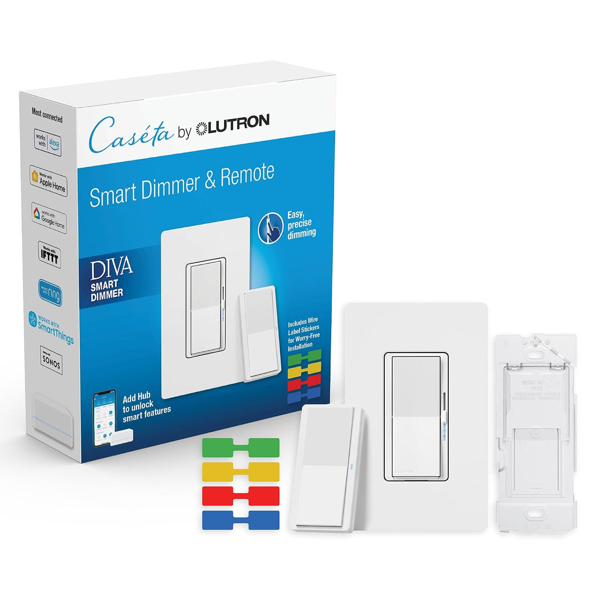 Lutron Caseta - Kit de atenuación inteligente de 3 vías; Diva Dimmer y Paddle Wireless Remote