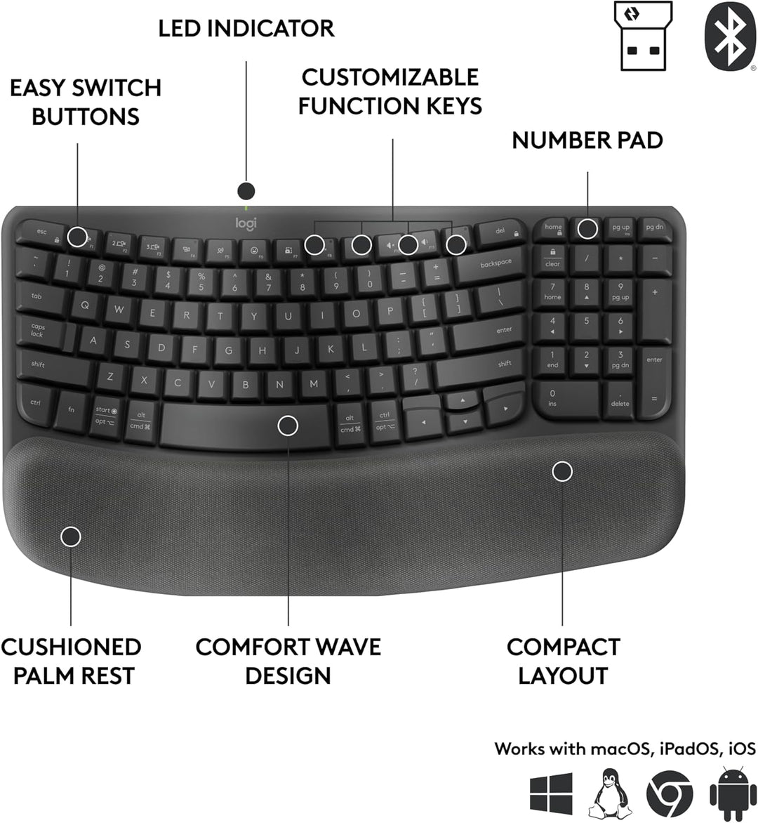 Logitech Wave Keys para negocios, teclado ergonómico inalámbrico co...