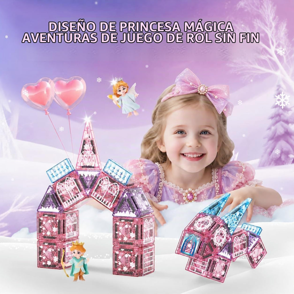 Bloques magnéticos de princesa, castillo de princesa, bloques magnéticos de viaje con caja de metal y 2 muñecas, mini azulejos magnéticos para niñas, juegos de simulación, regalos sensoriales STEM