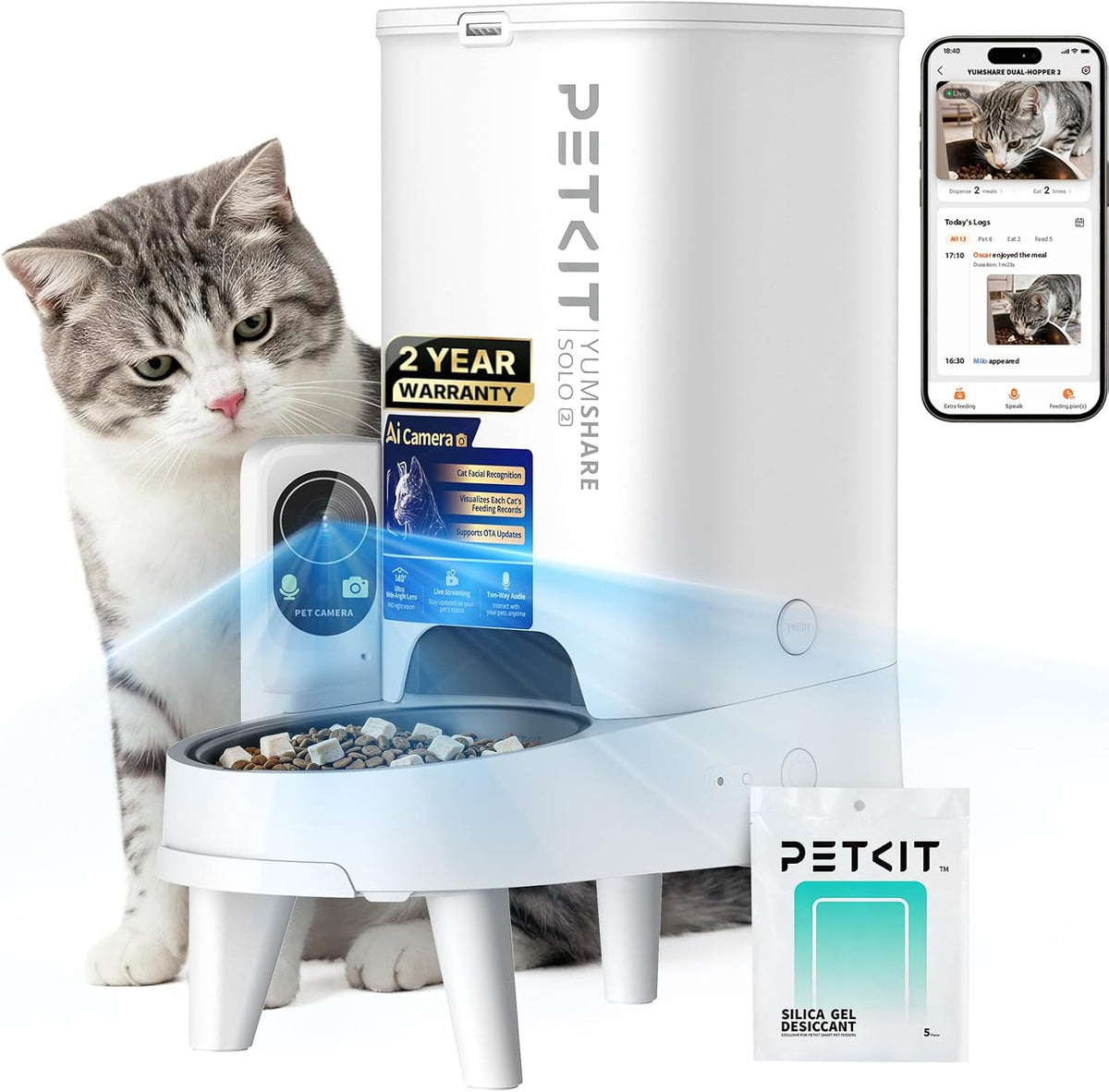 PETKIT Comedero automático para gatos con cámara, reconocimiento mejorado para múltiples gatos, alimentador WiFi de 2.4G y 5G para mascotas con preservación de frescura, dispensador de alimentos
