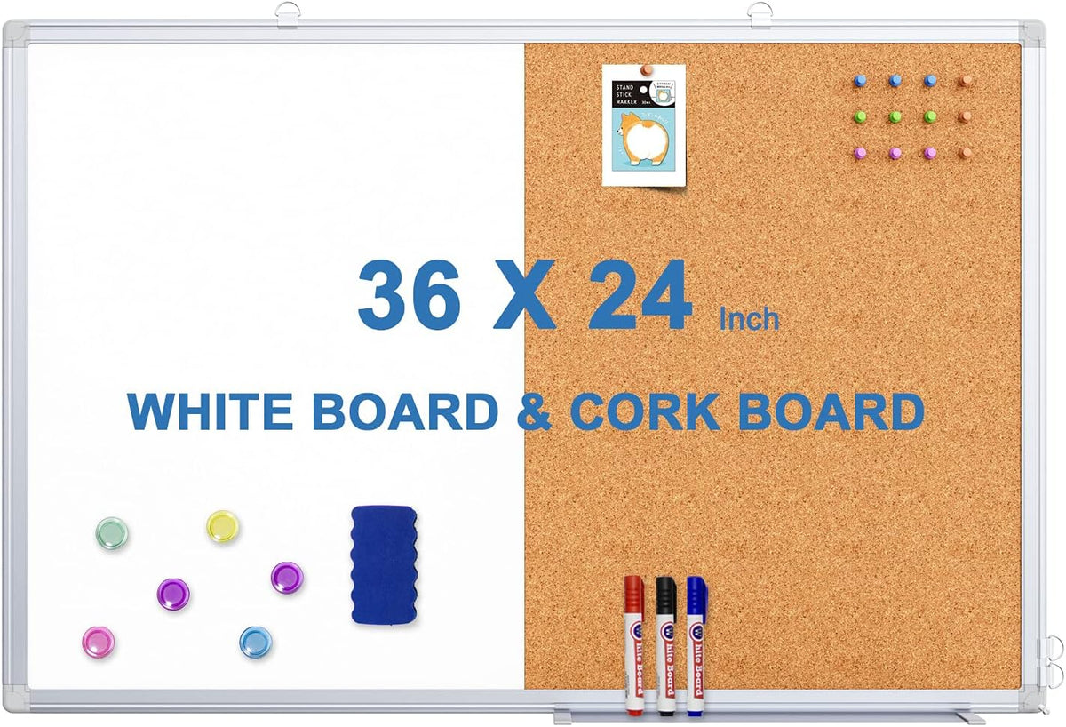 Combo de pizarra blanca magnética y tablero de corcho, tablero combinado de pizarra blanca tipo boletín de 36 x 24 pulgadas, tablero de mensajes de borrado en seco montado en la pared para el hogar