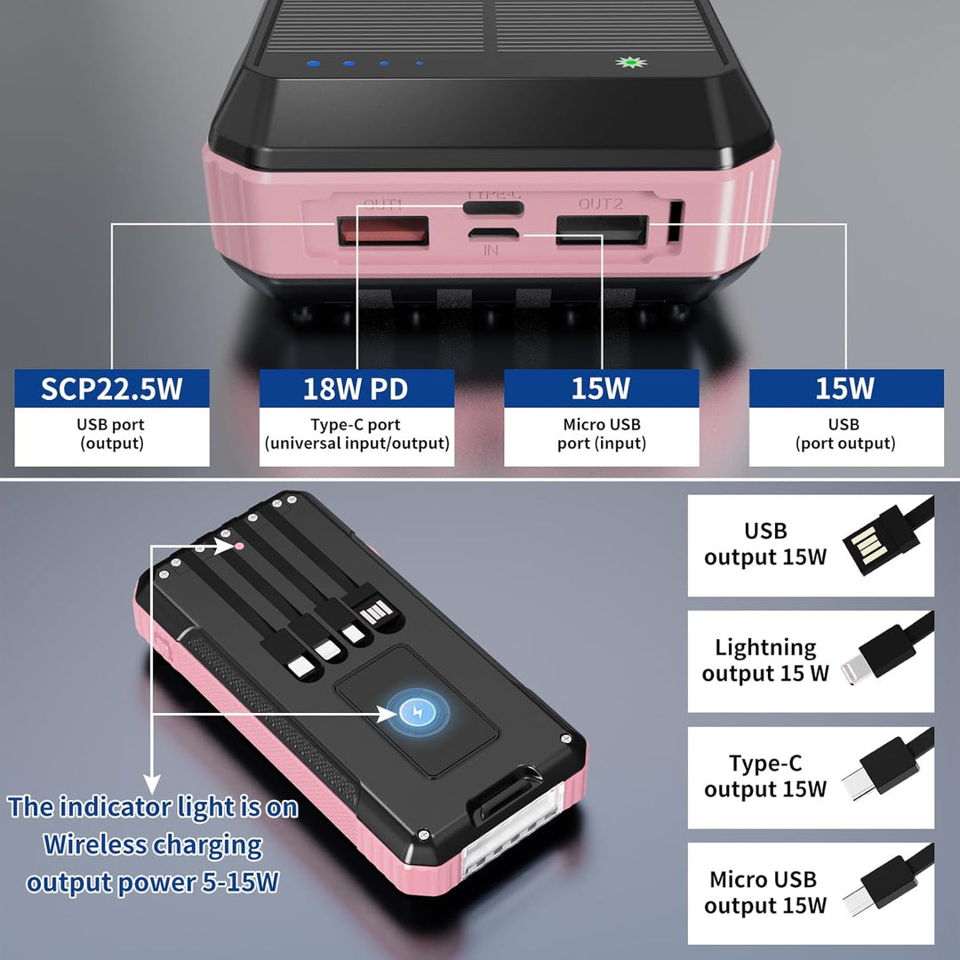 Banco de energía solar de 49800 mAh, cargador portátil con 4 cables...