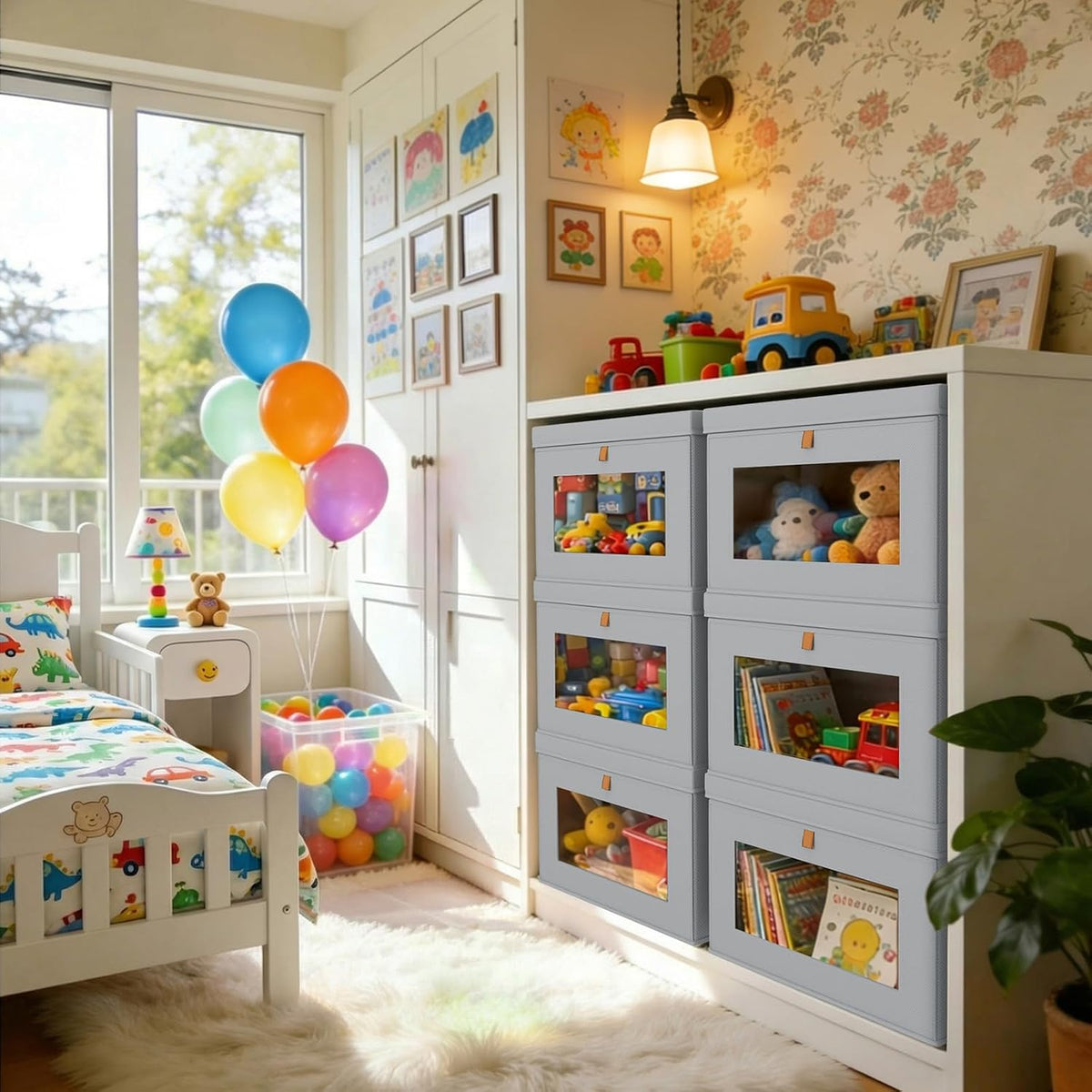 DIMJ Contenedores de almacenamiento con tapas, paquete de 4 organizadores grandes de tela con ventana y asas, cajas de almacenamiento decorativas plegables para estantes debajo de la cama, libros, ropa, mantas, suéteres y organización