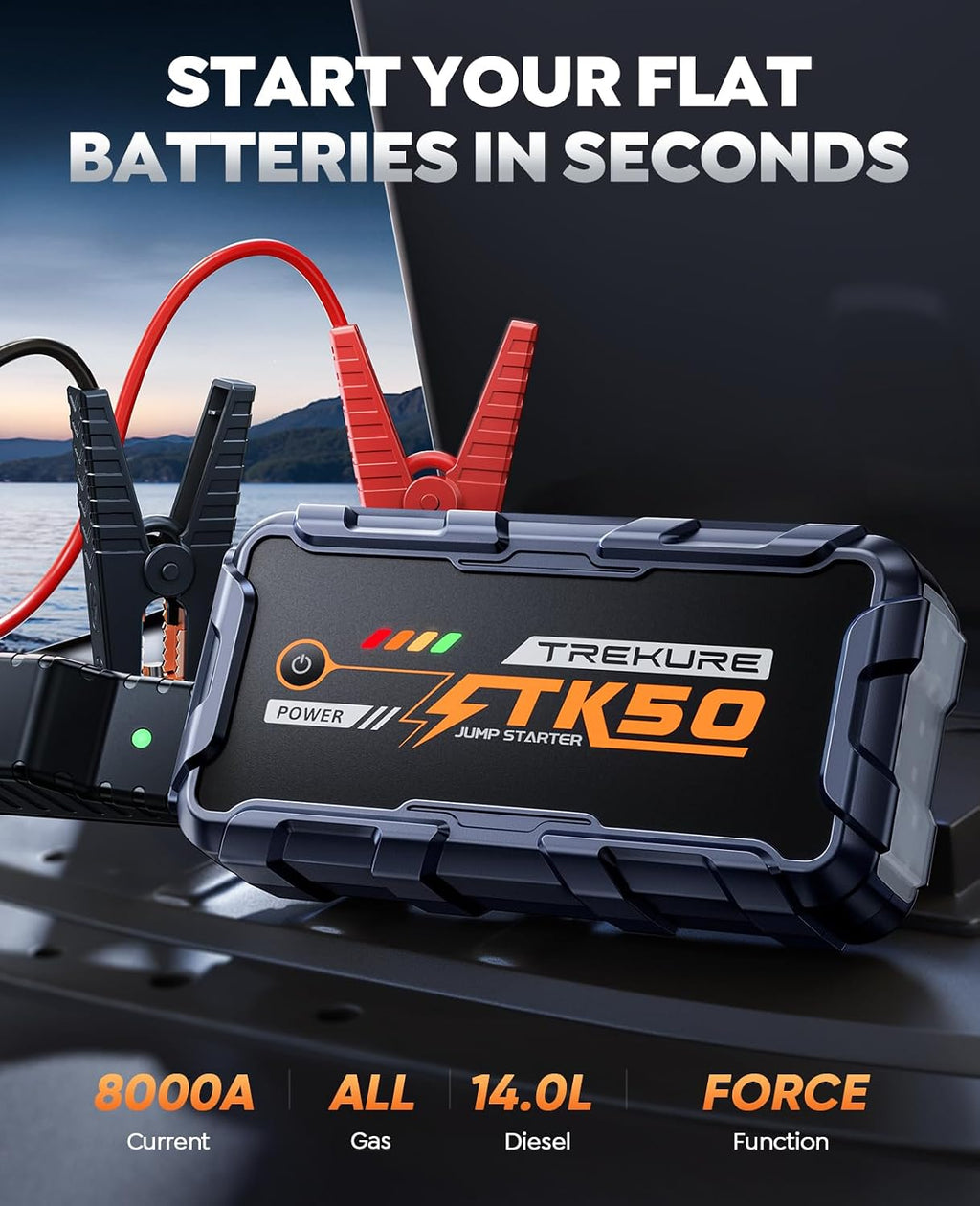 TREKURE Arrancador de batería de coche 8000A 26800mAh, arrancador de coche portátil para todos los motores de gasolina y diésel de 12L, banco de energía y puente de batería, batería portátil de coche