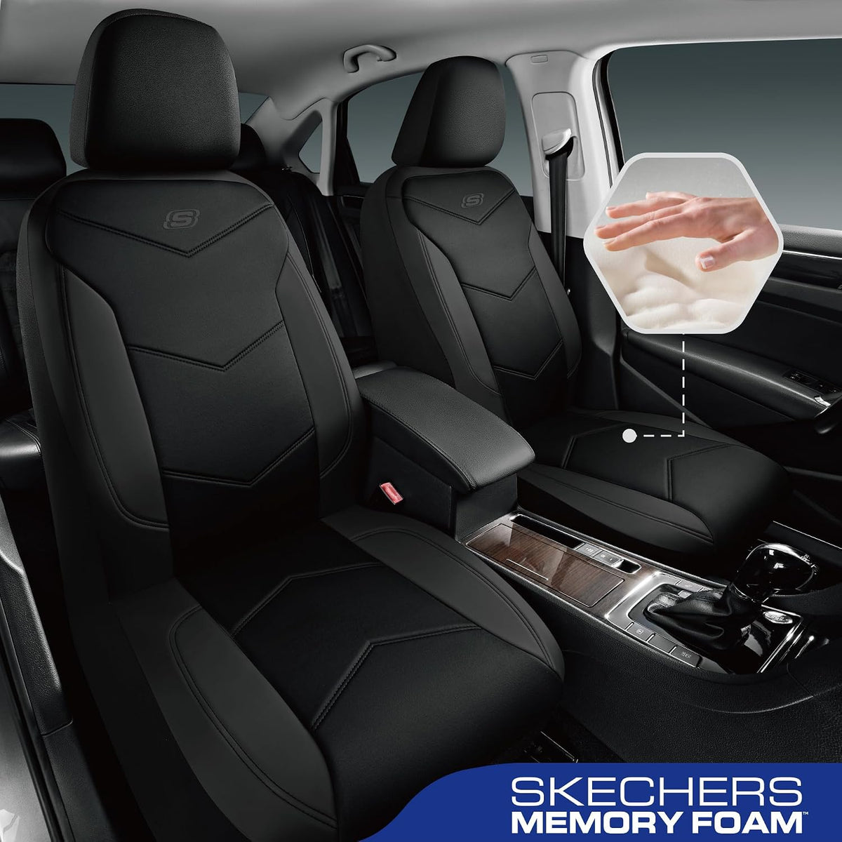 Skechers Fundas de Asiento de Espuma con Memoria, Fundas de Asiento de Automóvil de Cuero, Máxima Comodidad y Soporte Fundas de Asientos Delanteros Compatibles con Airbag, Ajuste Universal Automotriz