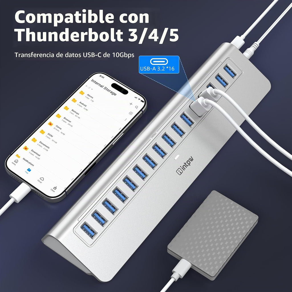 intpw, YH16A, hub USB 3.2 de 16 puertos, alimentado