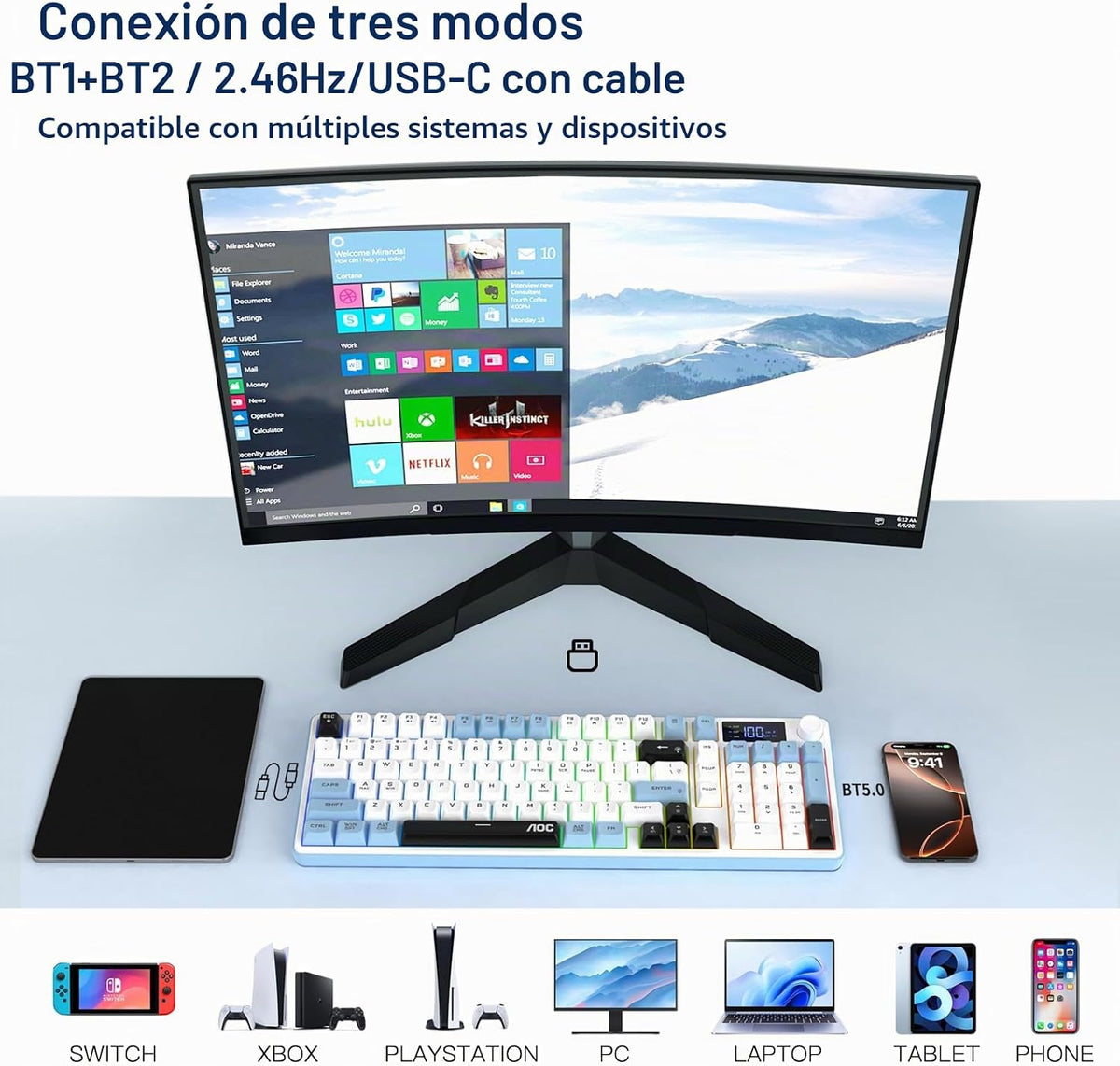 AOC GK210 Teclado inalámbrico para juegos con pantalla y perilla, t...