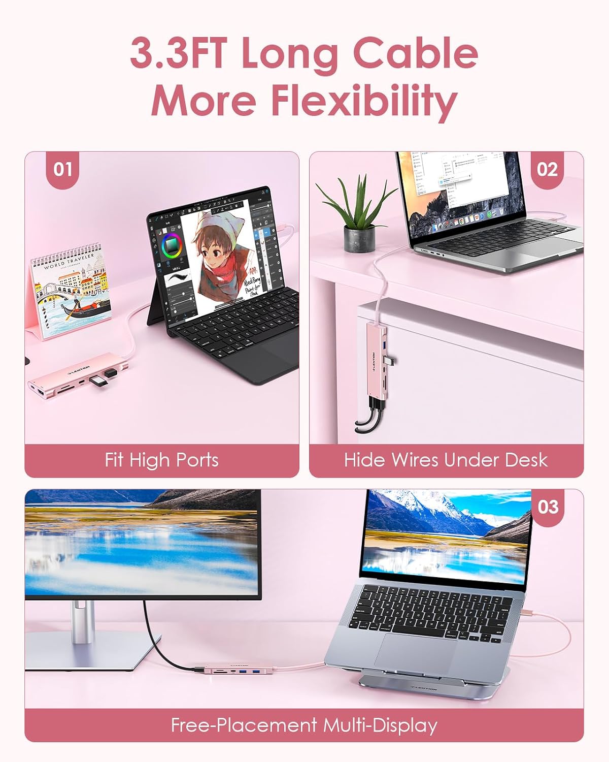 LENTION Hub USB C de cable de 3.3 pies de largo, 4K @60Hz, 100 W PD